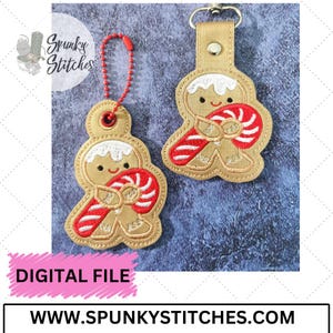 Archivo de bordado con llavero y tirador de cremallera en forma de bastón de caramelo de jengibre de Spunky Stitches