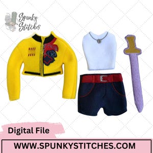 May include: A felt doll outfit set. It includes a yellow jacket with black trim and a red and blue design, a white top with a necklace, navy shorts with a red belt, and a purple sword. The words "Digital File" and "WWW.SPUNKYSTITCHES.COM" are also visible.