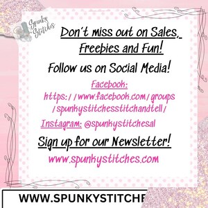 Pode incluir: Um gr&aacute;fico rosa e branco com o texto "N&atilde;o perca as promo&ccedil;&otilde;es, brindes e divers&atilde;o!" e informa&ccedil;&otilde;es de m&iacute;dia social para Facebook e Instagram. O site www.spunkystitches.com tamb&eacute;m est&aacute; listado. O logotipo Spunky Stitches est&aacute; no canto superior esquerdo.