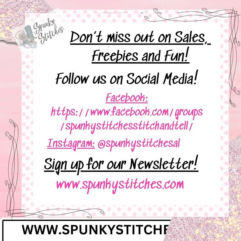 Pode incluir: Um gr&aacute;fico rosa e branco com o texto "N&atilde;o perca as promo&ccedil;&otilde;es, brindes e divers&atilde;o!" e informa&ccedil;&otilde;es de m&iacute;dia social para Facebook e Instagram. O site www.spunkystitches.com tamb&eacute;m est&aacute; listado. O logotipo Spunky Stitches est&aacute; no canto superior esquerdo.