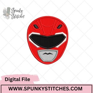 Puede incluir: Un diseño de casco de Power Ranger rojo con detalles en negro y blanco. El casco presenta una visera negra y un contorno blanco. La imagen incluye el texto "Digital File" y "WWW.SPUNKYSTITCHES.COM".
