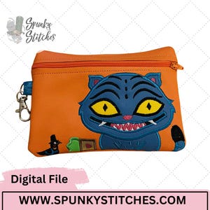 May include: Orange zippered pouch featuring a blue cat with yellow eyes and a menacing grin. The pouch has a wrist strap and a silver clasp. The text "Digital File" and "WWW.SPUNKYSTITCHES.COM" are displayed on the bottom of the image.