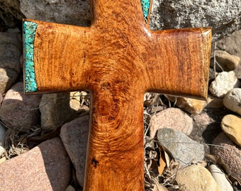 Beautiful Burl Mesquite cross with turquoise inlay!