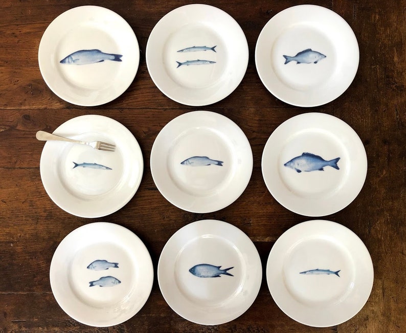 Plates With Blue & White Fish an Original Art on First Course Etsy