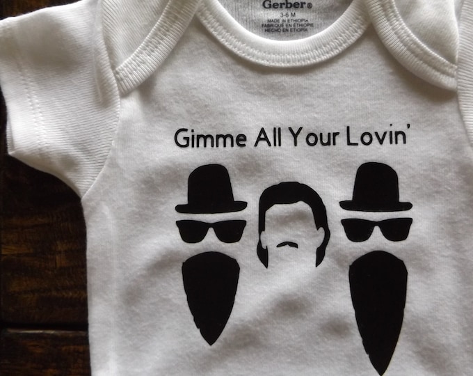 ZZ Top Onesie Gimme All Your Lovin' Bodysuit, Baby Clothing, Baby Shower or Birthday Gift Rock Band Clothing Toddler or Children's Top Shirt