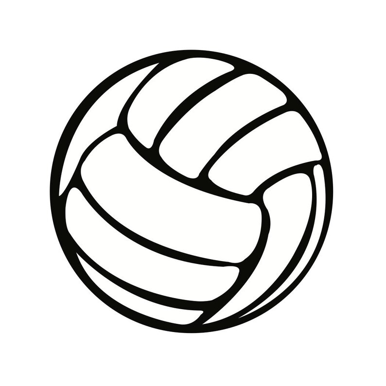 May include: A black and white volleyball. The ball is white with black curved lines that create the panels. The ball is round and designed for sports. The image is a simple illustration.
