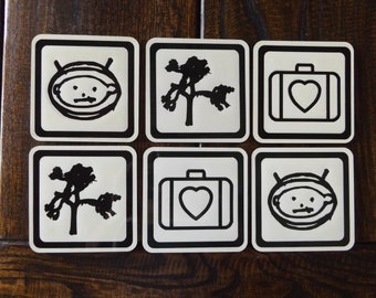Set of 6 U2 Style Coasters, Joshua Tree, Astrobaby and Suitcase, Square or Round Coasters, Music Themed Coasters, Barware, U2 Gift