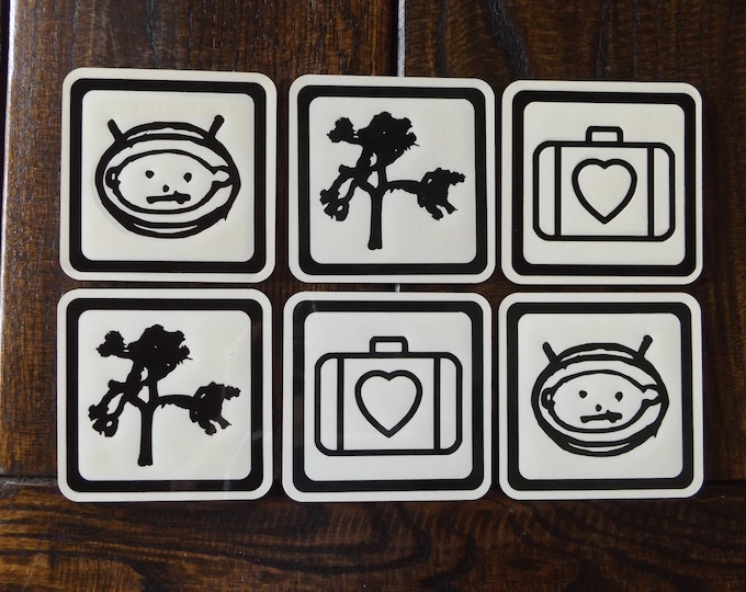 Set of 6 U2 Style Coasters, Joshua Tree, Astrobaby and Suitcase, Square or Round Coasters, Music Themed Coasters, Barware, U2 Gift