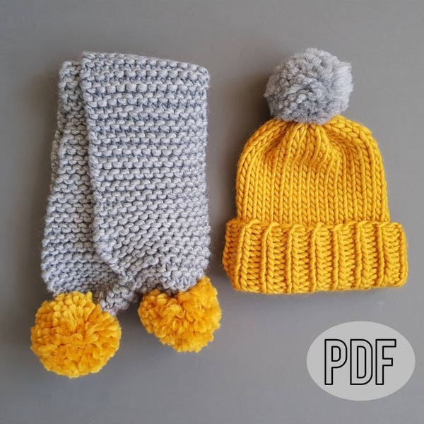 Pom Pom Scarf and Hat Knitting Pattern - Instant PDF Download