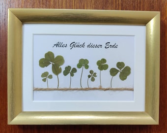 Lucky charm - framed picture with real four-leaf clover - ideal as a gift - all happiness on earth