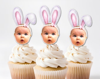 Easter Ears Photo Face Personalized Cupcake Toppers, DOUBLE - SIDED, Some Bunny Is One, Custom Photo Face, Easter Birthday, Any Age Birthday
