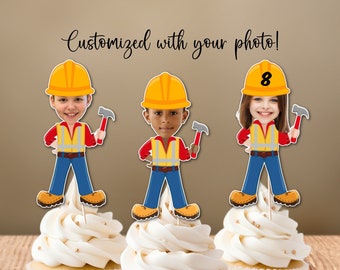 Custom Photo Construction Worker Cupcake Toppers, Double Sided, Custom Photo Face Topper, Construction Themed Party, Birthday Decorations
