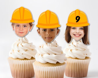 Custom Photo Construction Hardhat Cupcake Toppers, Double Sided, Custom Photo Face Topper, Construction Theme, Birthday Party Decorations