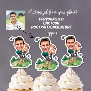 Custom GOLFER Cartoon Portrait Caricature Cupcake Toppers, Personalized GOLFER Cupcake Toppers, Golf Lover Gift, Golfer Birthday, Golf Theme