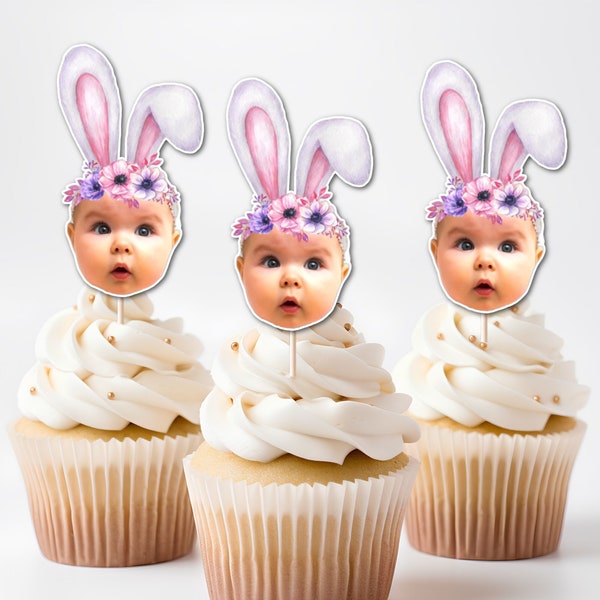 Easter Ears Photo Face Personalized Cupcake Toppers, DOUBLE - SIDED, Some Bunny Is One, Custom Photo Face, Easter Birthday, Any Age Birthday