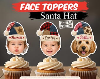 Personalized Patchwork Santa Hat Face Cupcake Toppers | Custom Photo Christmas Cupcake Picks | Country Holiday Party Decorations