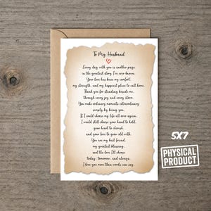 May include: A 5x7 greeting card with a deckled-edge, parchment-style paper overlay featuring the printed text 'To My Husband' followed by a romantic poem and a small red heart icon, accompanied by a brown envelope.