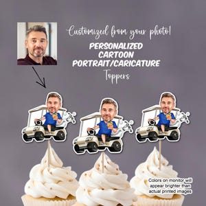 Custom GOLFER Cartoon Portrait Caricature Cupcake Toppers, Personalized GOLFER, Golf Cart, Golf Lover Gift, Golfer Birthday, Golf Theme