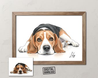 May include: A framed print featuring a beagle dog illustration. The dog is lying down, with brown, black, and white fur. The print includes a smaller image and a "DIGITAL DOWNLOAD" sticker.