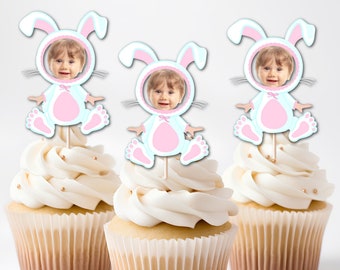 Easter Bunny Costume, Customized Photo Cupcake Toppers, DOUBLE - SIDED, Some Bunny Is One, Photo Face, Easter Birthday, Any Age Birthday