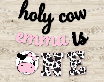 Holy Cow Personalized ONE Banner, First Birthday Decoration, Pink Bow OR Blue Bowtie, Cow Theme First Birthday, Cow Theme Girl or Boy