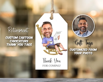 Custom Retirement Cartoon Caricature Portrait Gift Tags: Personalized Thank You Favors