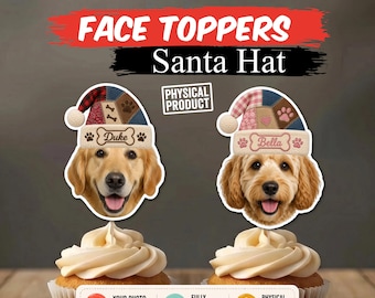 Personalized Dog Face Christmas Cupcake Toppers | Custom Pet Photo Santa Hat Cupcake Picks | Dog Birthday & Holiday Party Decoration |