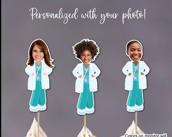 Custom Female Doctor Photo Cupcake Toppers: Medical Graduation Party