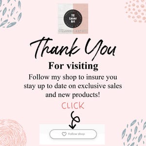 May include: A pink background with the words "Thank You" in a handwritten font. The text encourages visitors to follow the shop for updates on sales and new products. A small logo is in the top corner.
