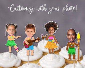 Custom Photo Hawaiin Luau Cupcake Toppers, Custom Photo Topper, Hula Girl, Guitar Boy, Tiki Time, Hawaiin Luau Birthday Party Decorations