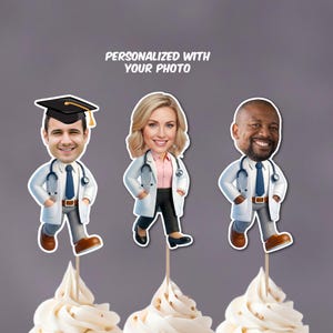 Custom Photo Doctor Cupcake Toppers: Medical Graduation Party Decorations, Match Day, White Coat Ceremony