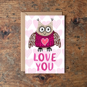 Cute Owl Love You Card, Valentine&#39;s Day, HANDMADE Greeting Card, Love Letter, New Love Card, Owl Lovers Card, Anniversary Card, Just Because