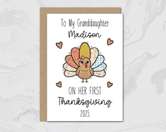 First Thanksgiving Card for Granddaughter, Daughter – Personalized Baby’s 1st Thanksgiving 2025 Keepsake, Cute Turkey with Pink Bow
