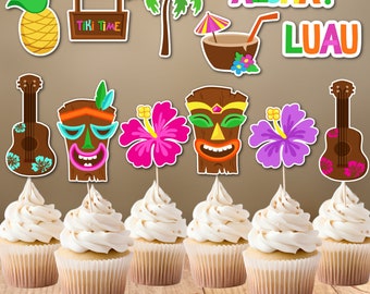 Hawaiian Cupcake Toppers, Luau Decorations, Tropical Hawaiin Birthday Party