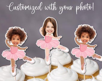 Personalized Ballerina Photo Cupcake Toppers – Custom Ballet Birthday Party Decor – Pink Tutu Cake Topper – Dance Recital