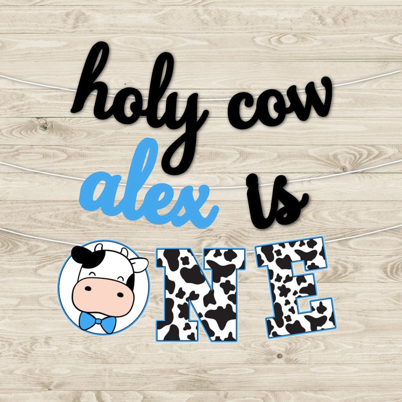 Holy Cow Personalized ONE Banner, First Birthday Decoration, Pink Bow OR Blue Bowtie, Cow Theme First Birthday, Cow Theme Girl or Boy image 2