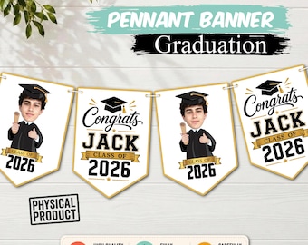 May include: A graduation pennant banner featuring white triangular flags with gold borders. The design includes a cartoon graduate, the text "Congrats JACK CLASS OF 2026", and a black graduation cap icon. The banner is displayed with text overlays.