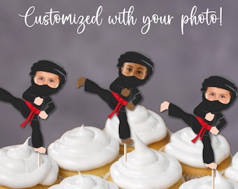 Custom Ninja Cupcake Topper, Custom Photo Topper, Ninja Boy, Ninja Girl, Personalized Cupcake Toppers, Photo Face, Ninja Themed Party
