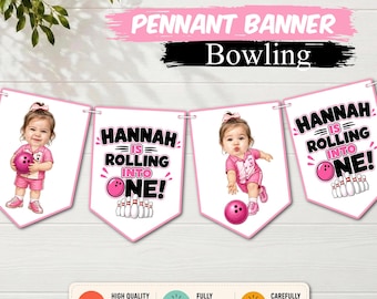 Personalized Bowling Birthday Photo Pennant Banner, Custom Bowler Banner, Rolling Into One Banner, First Birthday Party Decorations