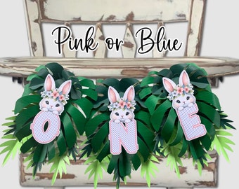 Easter Bunny & Tropical Leaf Birthday Highchair Garland Banner, High Chair Banner, First Birthday, Easter Birthday, Cute Bunny Ears