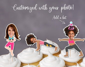 Custom Photo Yoga Poses Cupcake Toppers, Custom Photo Topper, Yoga Birthday, Tree Pose, Plank Pose, Warrior Pose, Photo Face