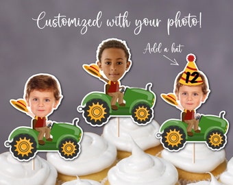 Custom Photo Farmer Boy in Tractor Cupcake Toppers, Custom Photo Topper, Farm Themed Birthday Party Decoration, Photo Face Topper