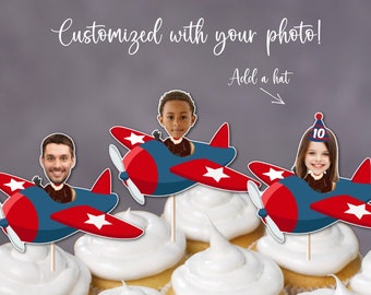 Pilot Photo Cupcake Toppers, Custom Photo Topper, Pilot Birthday, Child's Birthday Party, Pilot Theme, First Birthday, Photo Face