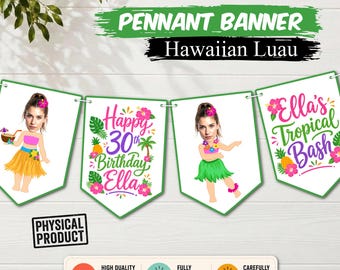 Personalized Hawaiian Luau Face Banner | Custom Tropical Birthday Pennant Banner | Hula Girl Party Decorations | Any Age & Wording