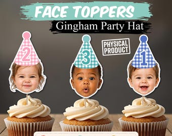 Personalized Birthday Party Hat Cupcake Toppers, Custom Face Gingham Party Hat Picks, First Birthday Party Cupcake Decorations, Pastel Decor