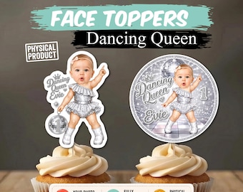 Custom Dancing Queen Photo Cupcake Toppers | Personalized Photo Face Disco Ball Birthday Cupcake Picks | Silver Glitter 1st Birthday