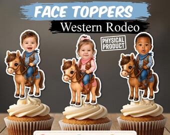 Personalized Cowboy Cowgirl Photo Cupcake Toppers, Custom Face Sticks, Western Theme Birthday Picks, My First Rodeo Party Decorations
