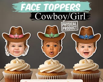 Personalized Cowboy Cowgirl Hat Photo Cupcake Toppers, Custom Face Sticks, Western Theme Birthday Picks, My First Rodeo Party Decorations