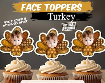 Custom Turkey Photo Cupcake Toppers, Thanksgiving Face Cupcake Toppers, Personalized First Thanksgiving Party Decor, Turkey Birthday Picks