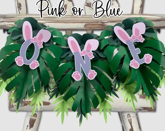 Easter Bunny & Tropical Leaf Birthday Highchair Garland Banne, High Chair Banner, First Birthday, Easter Birthday, Cute Bunny Ears